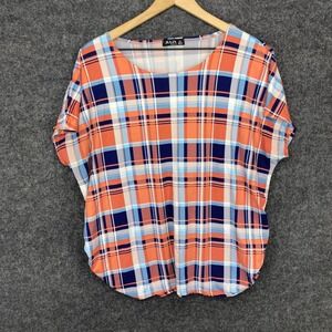 Julia by Love J Orange Blue Plaid Dolman Sleeve Ruched Side Top Plus Size 1X